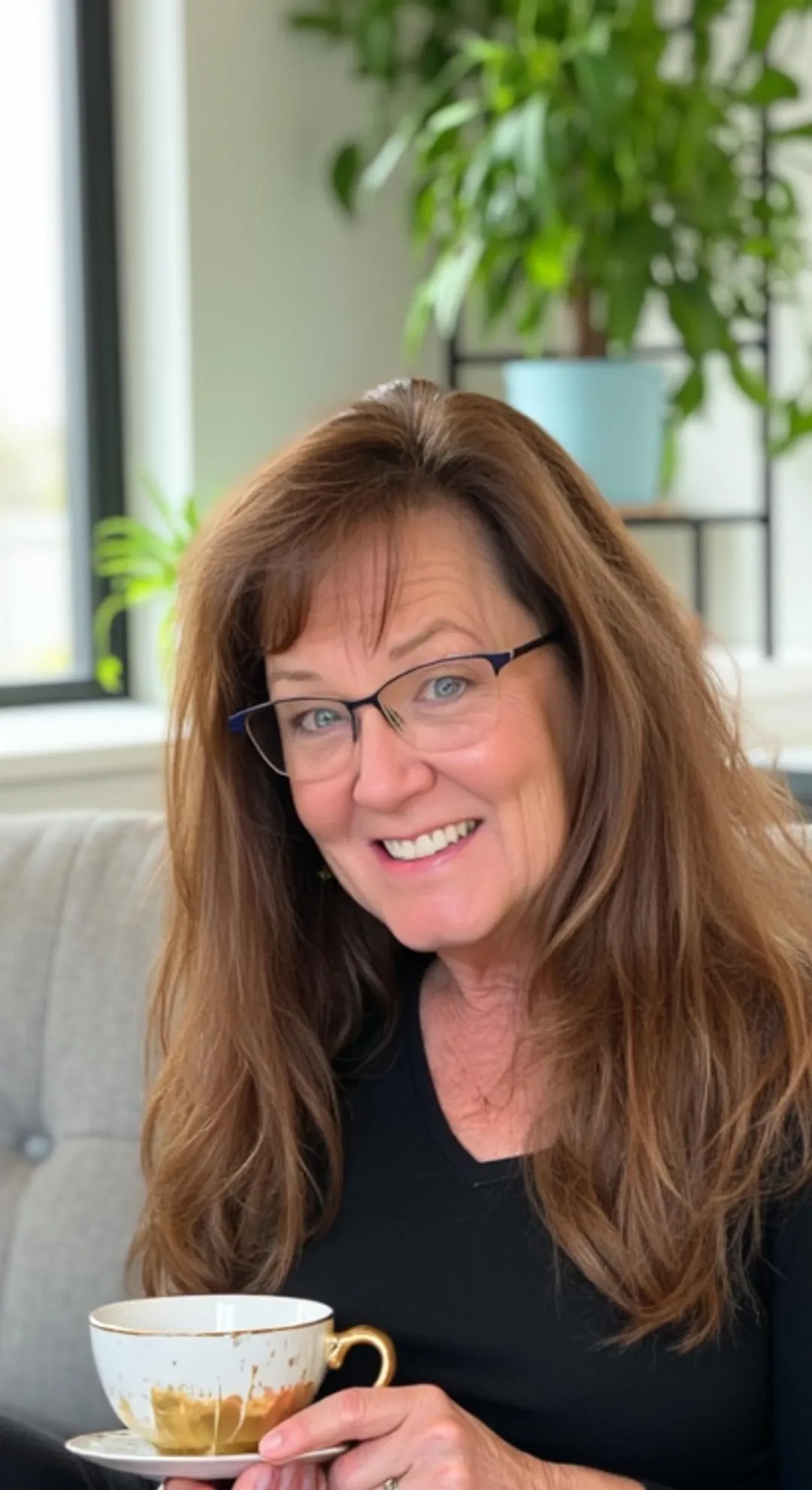 Tami Halliman, Ai instructor, holding a tea cup and smiling.