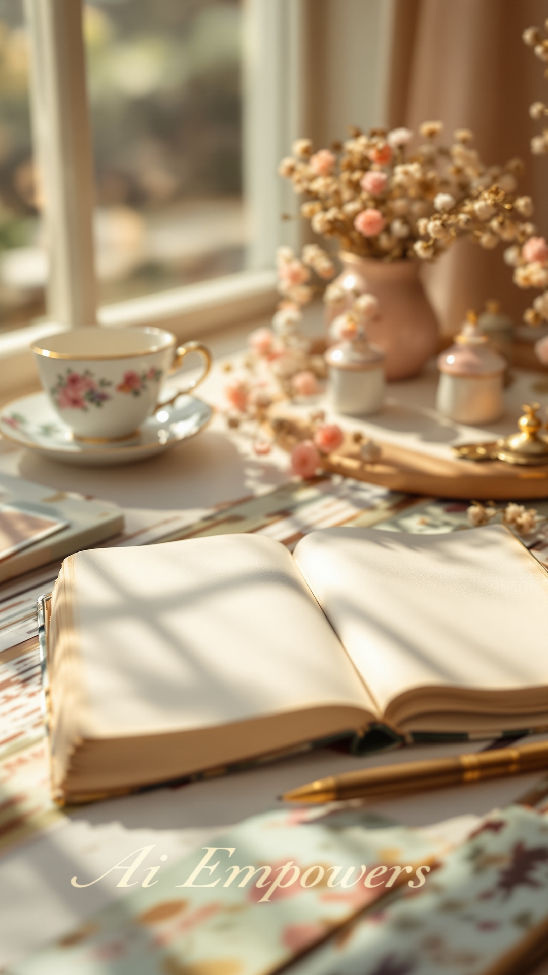 An open journal with pretty flowers and a tea cup nearby