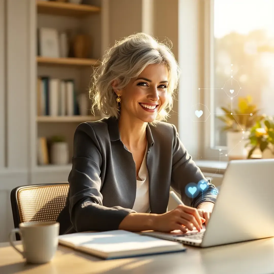 A happy woman using Ai to help her write her story