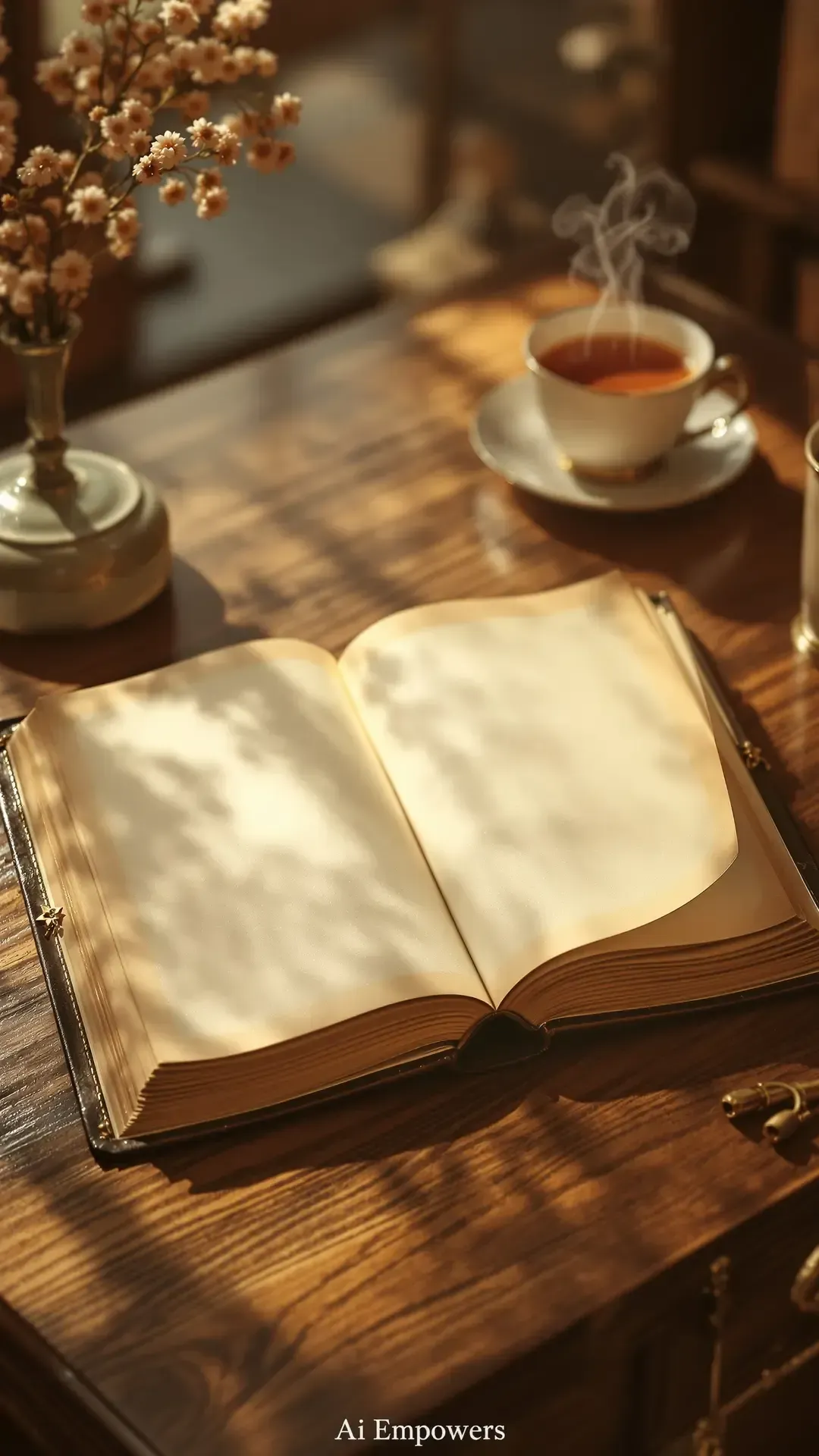 An open journal and hot cup of tea waiting for a story to be written