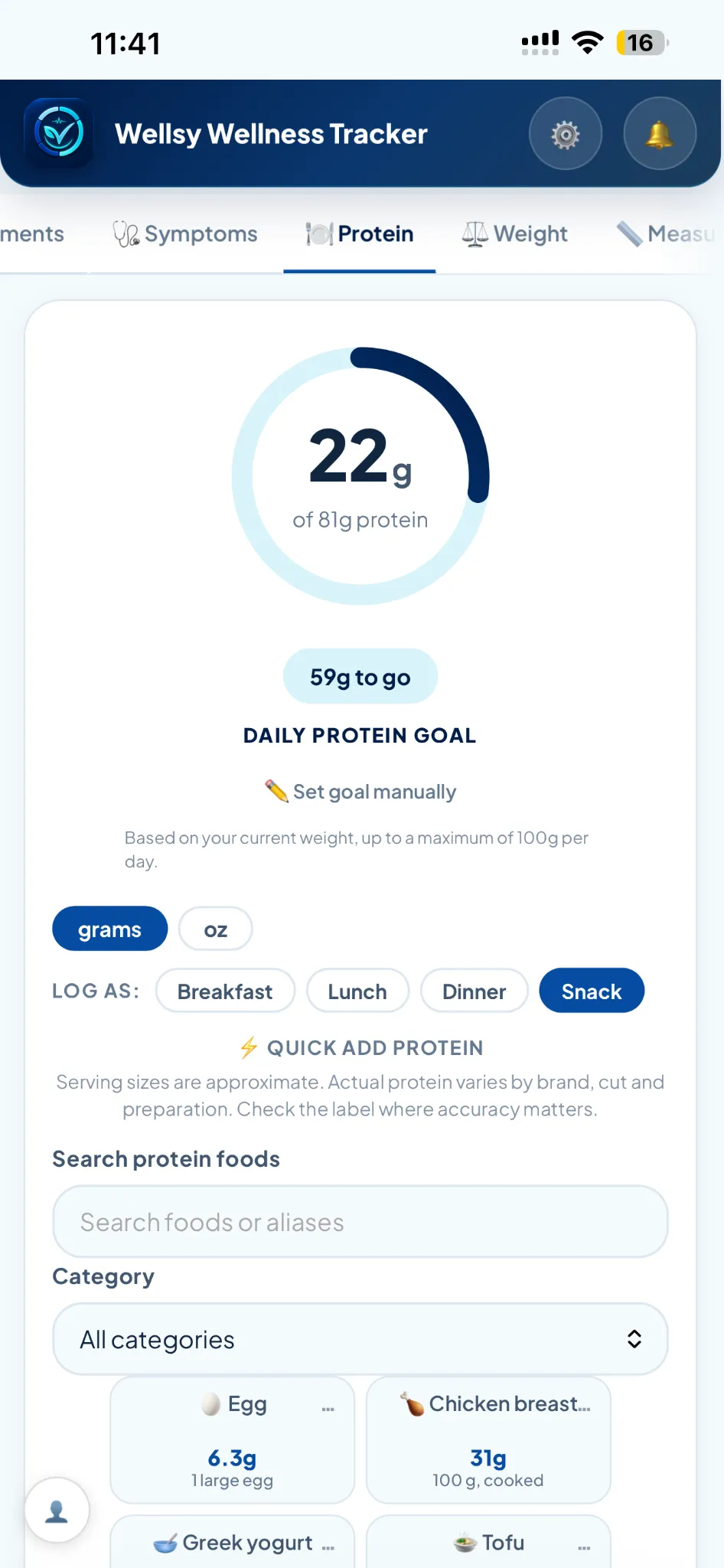 Wellsy protein tracker showing daily goal, meal logging and quick add foods