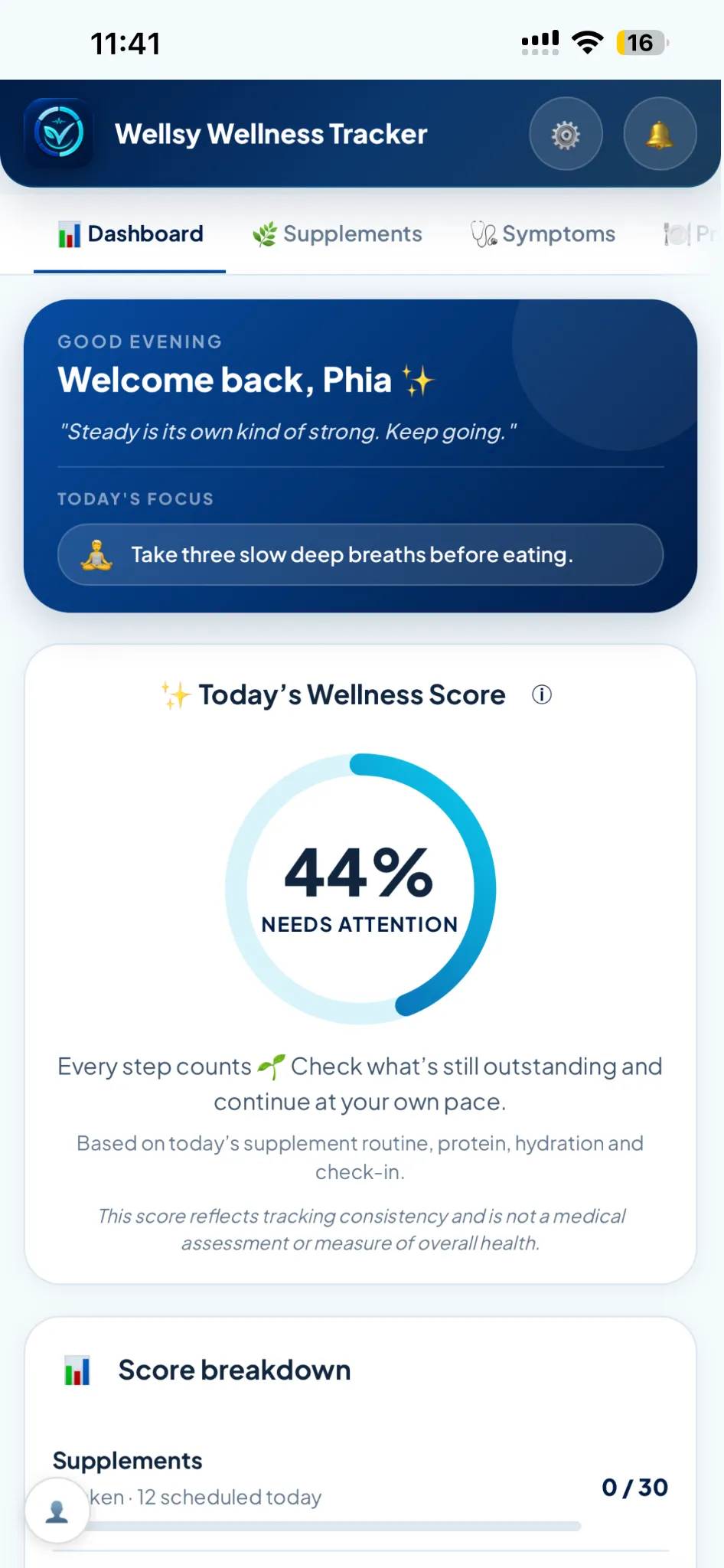 Wellsy dashboard showing a daily wellness score and supplement, protein and hydration progress