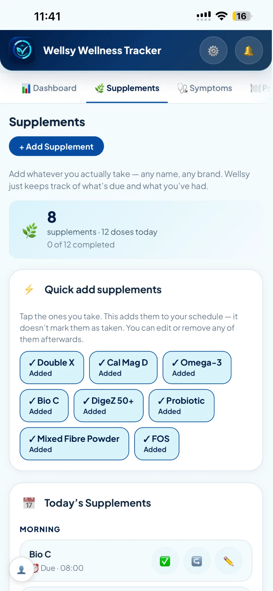 Wellsy supplement log with quick add and scheduled doses