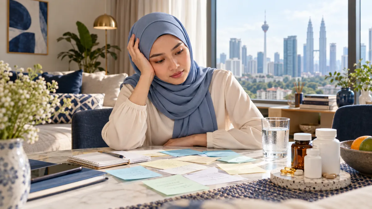 Malay woman in hijab reviewing scattered wellness notes and supplements at home