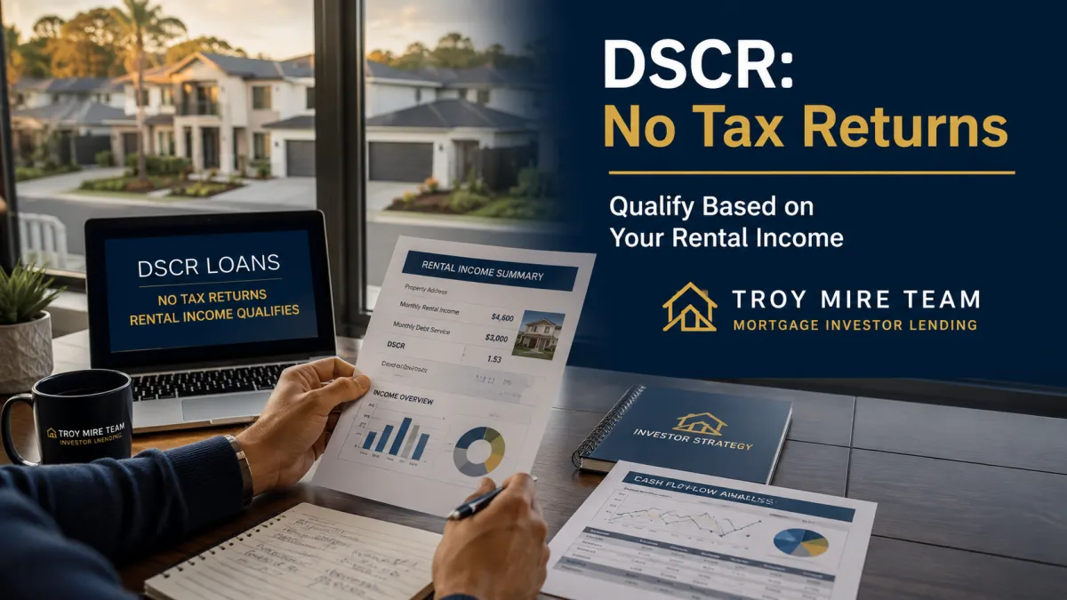 California real estate investor reviewing DSCR loan rental income documents in a professional office with suburban rental properties visible through the window, promoting investor mortgage lending without tax return qualification.