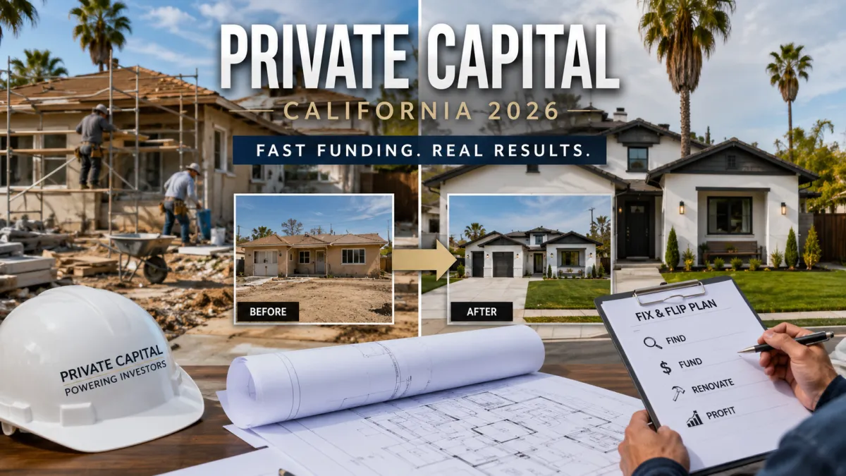 California fix and flip renovation project funded with private capital in San Bernardino County showing before and after property transformation and investor reviewing blueprints
