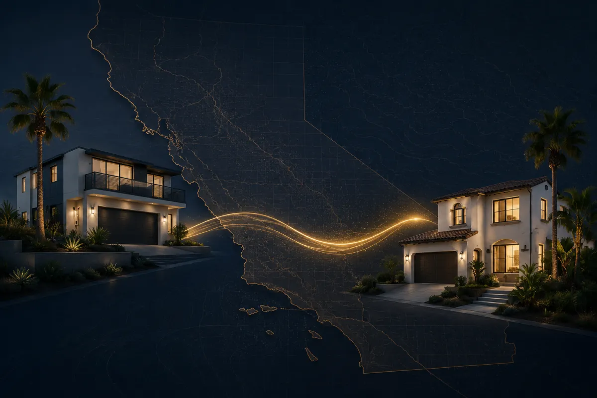 Two California investment properties connected by an equity line representing cross collateral bridge financing for real estate investors.