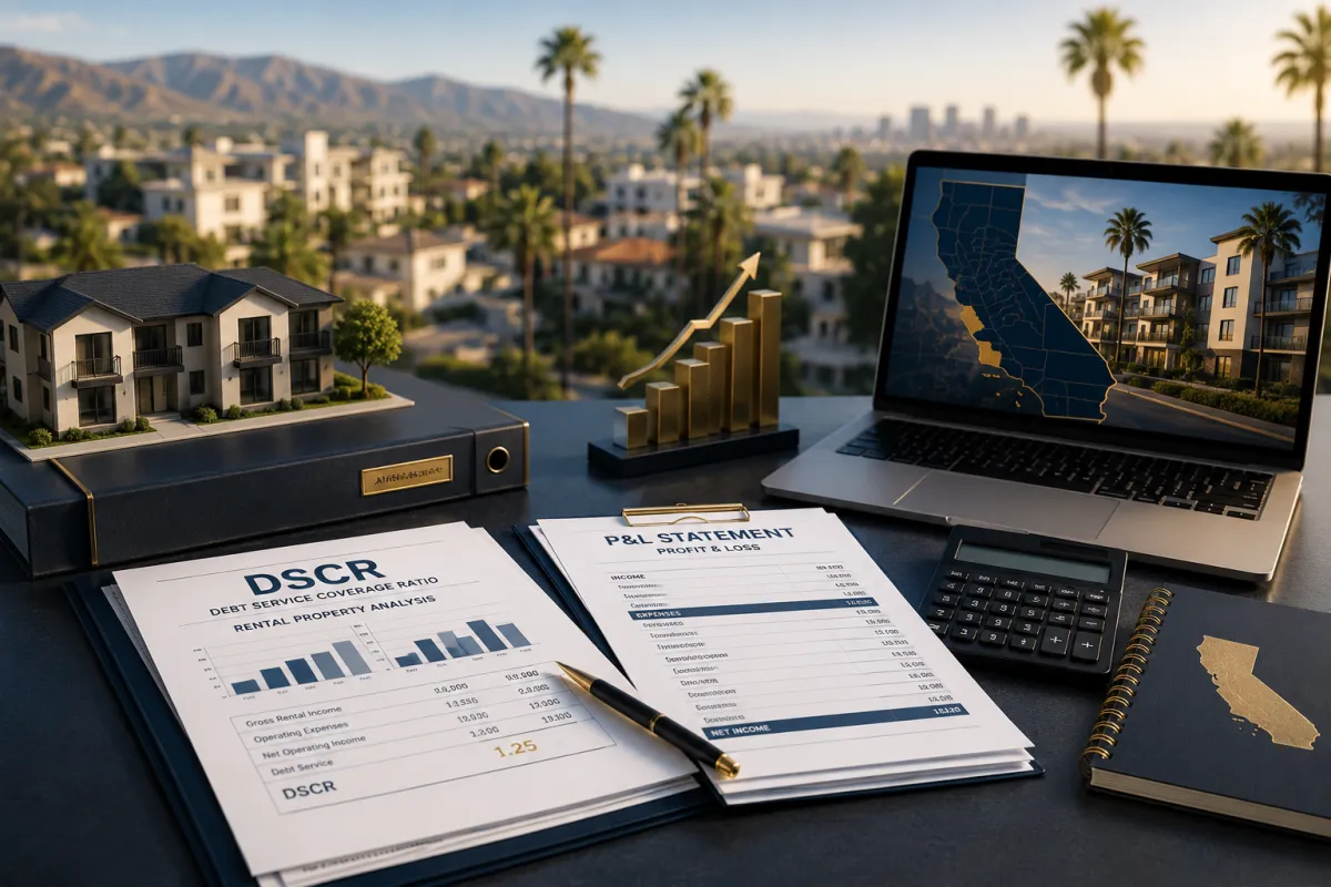 Southern California apartment building with DSCR loan cash flow analysis overlay showing rental income and interest-only payment comparison