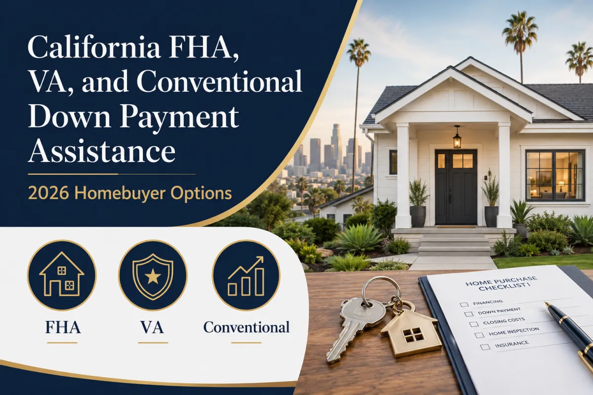 California first-time homebuyer couple receiving house keys with CalHFA and FHA loan down payment assistance breakdown chart