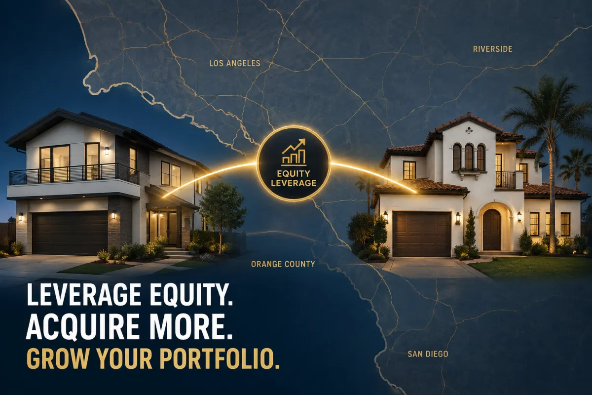 California investor reviewing cross-collateral bridge loan structure with two properties connected by private capital financing diagram in navy and gold