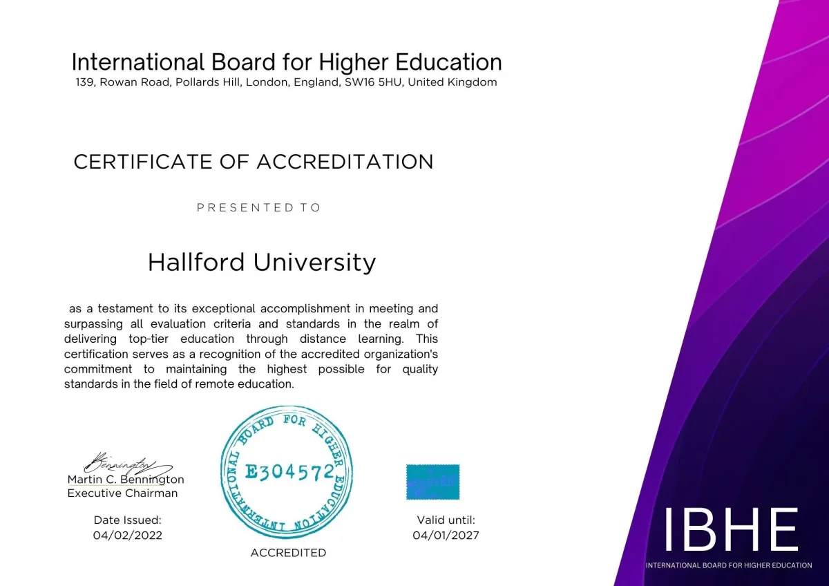 Accreditation certificate for 1 year MBA programs online at Hallford University