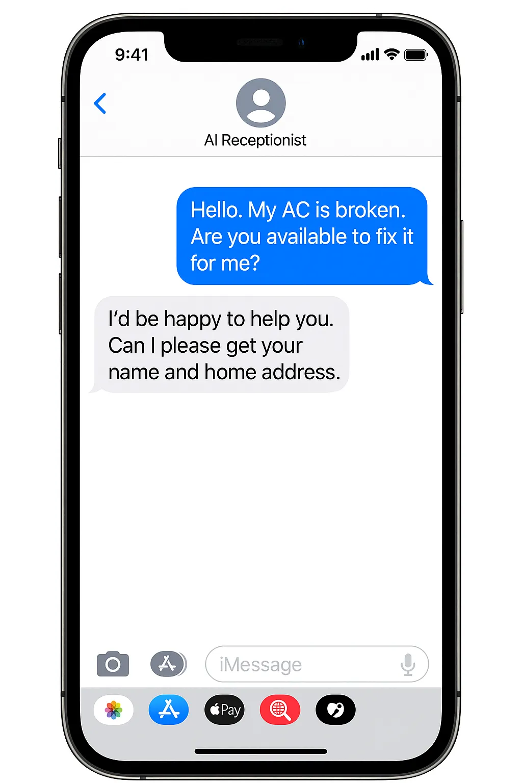 Smartphone with conversational chat overlay and booking UI, product hero mockup