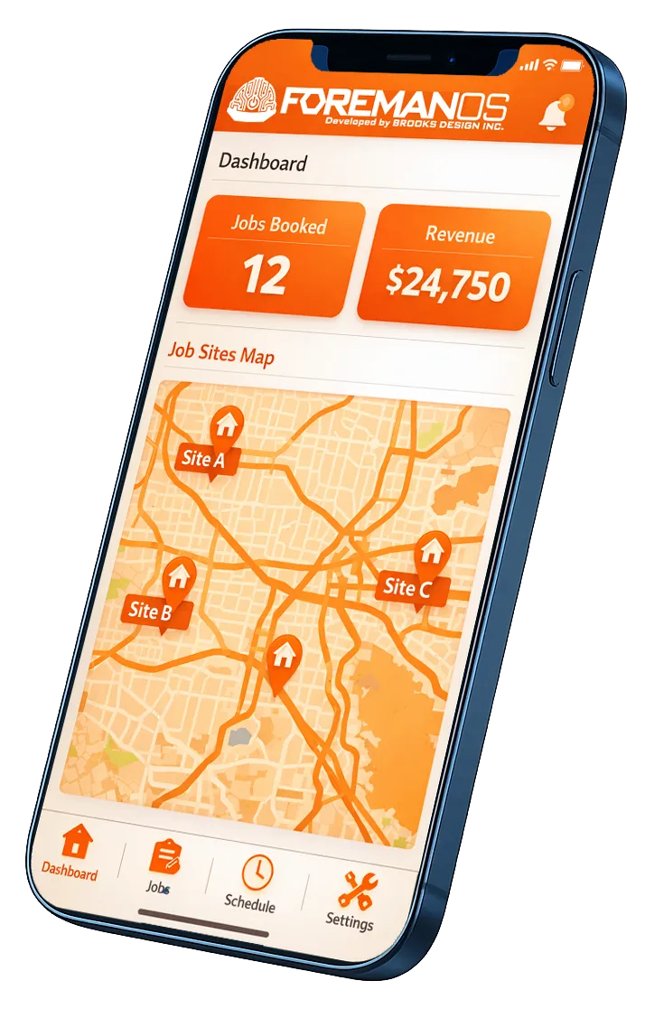ForemanOS Mobile App showing a Job Booked notification