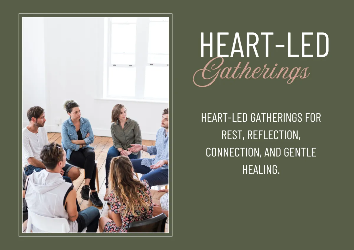 A small group seated on floor cushions in a soft-lit pop-up workshop; muted blush textiles and sage plants, candid circle conversation, warm inclusive atmosphere, photorealistic and human-centered.