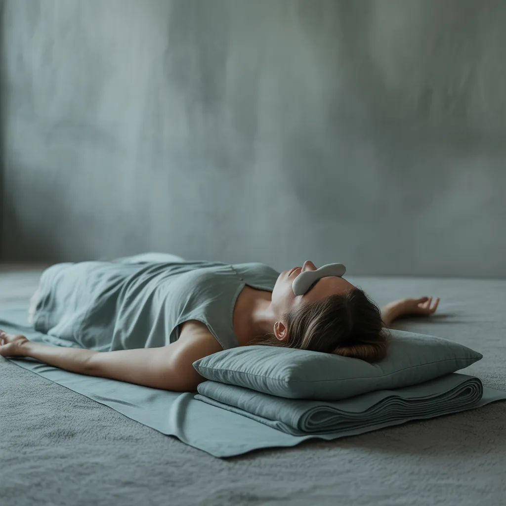 A diverse group of adults, including men and women of various ages, lying in a circle on yoga mats in a sunlit community space, eyes closed, hands on hearts, radiating calm and connection. 3:2 aspect ratio.