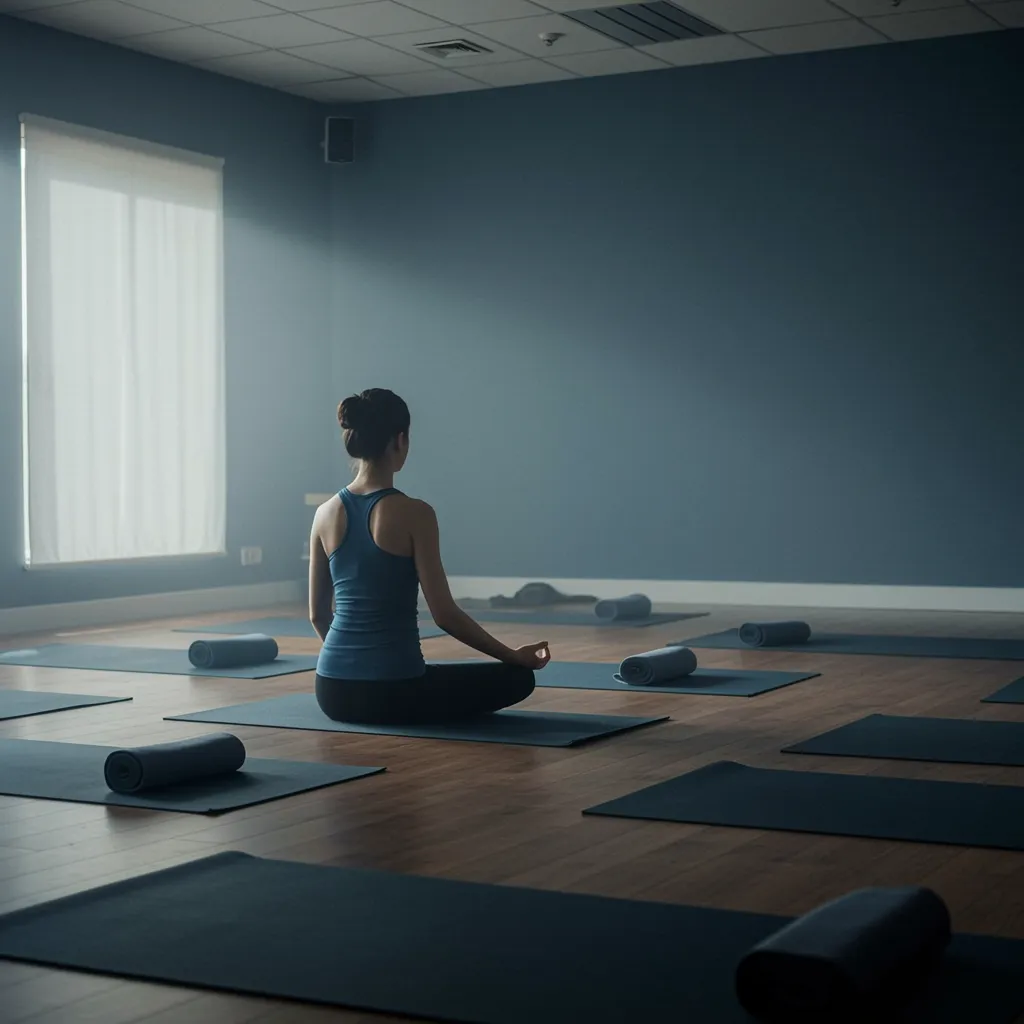 A diverse group of adults, including men and women of various ages, lying in a circle on yoga mats in a sunlit community space, eyes closed, hands on hearts, radiating calm and connection. 3:2 aspect ratio.