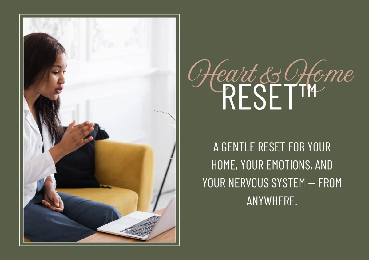 A bright laptop on a soft desk with a notebook, a small plant, and a warm mug; muted blush and sage accents, top-down perspective, inviting workspace for a calm virtual session.