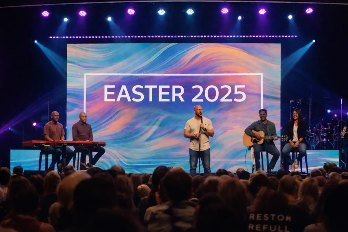 a church with pews and a clock on the wall