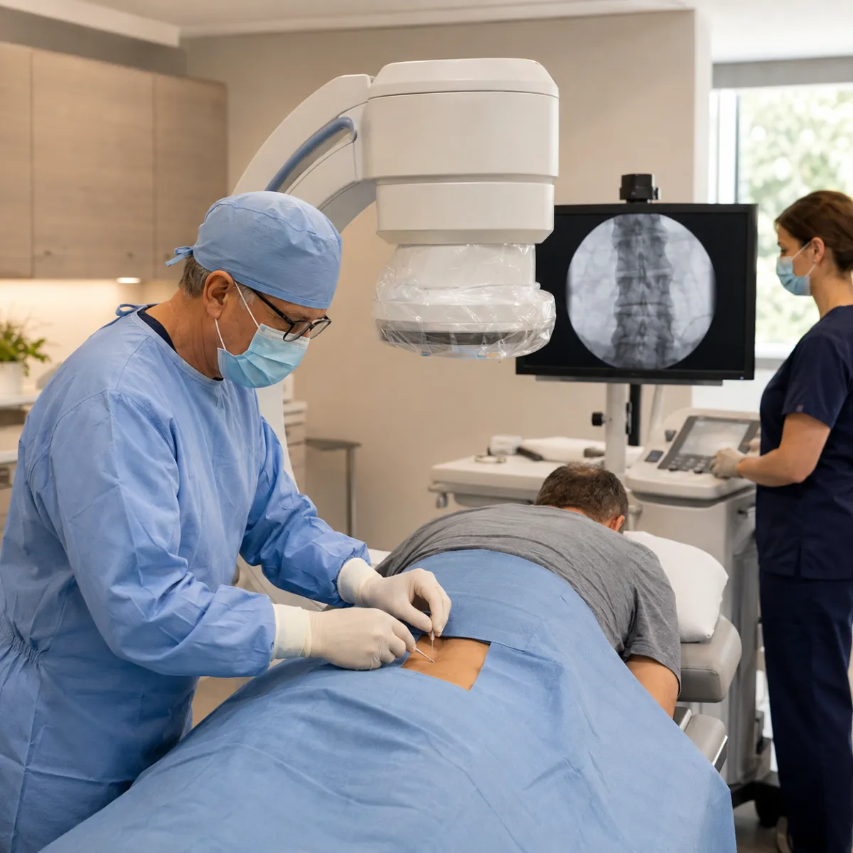 Anatomical educational overlay showing precise interventional pain targets