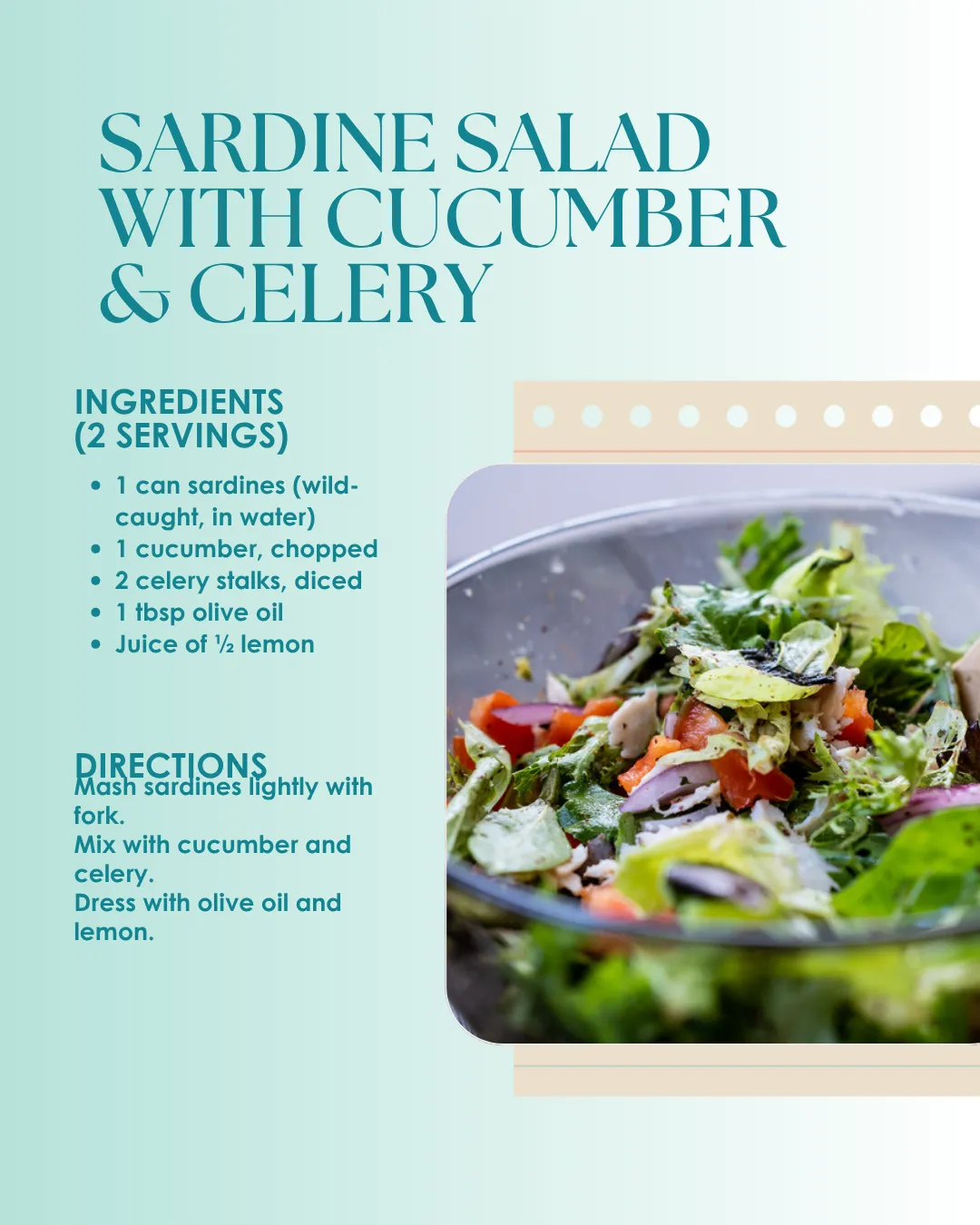 A bowl of sardine salad with cucumber, celery, and greens