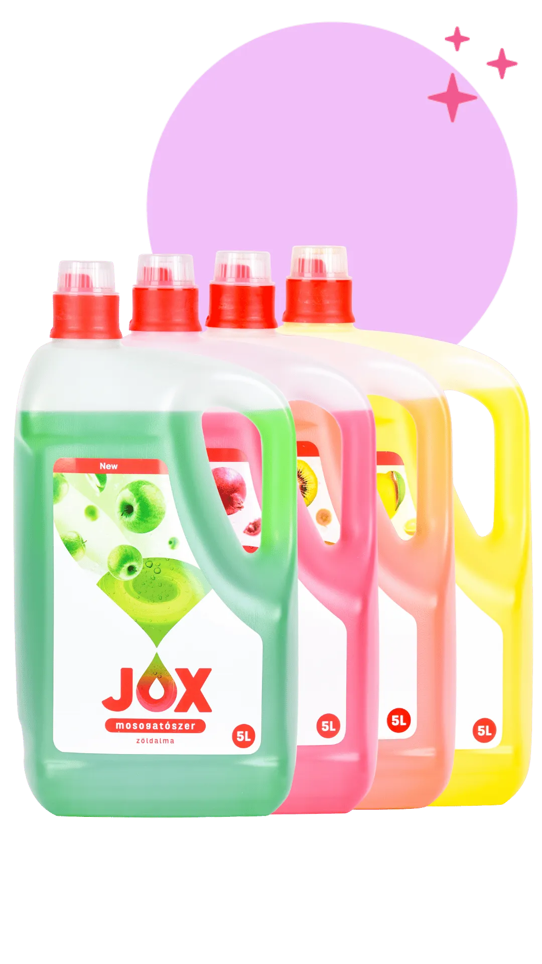 Assorted JOX dishwashing liquids in 5L bottles with fruity fragrances: green apple, pomegranate, kiwi, and mango.
