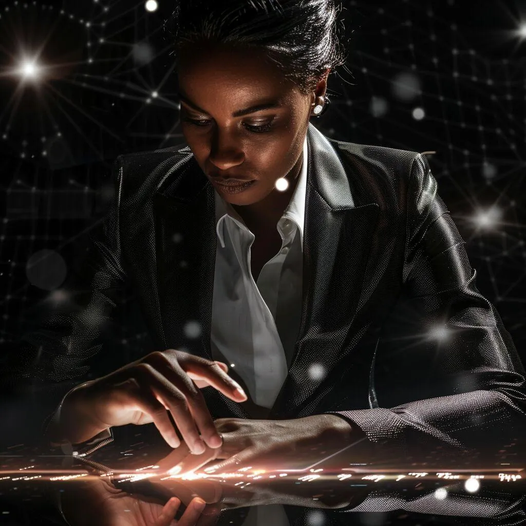 image of a back business woman typing on a advanced computer. this image represents NucoAI's AI-Powered Content Creation and SEO services