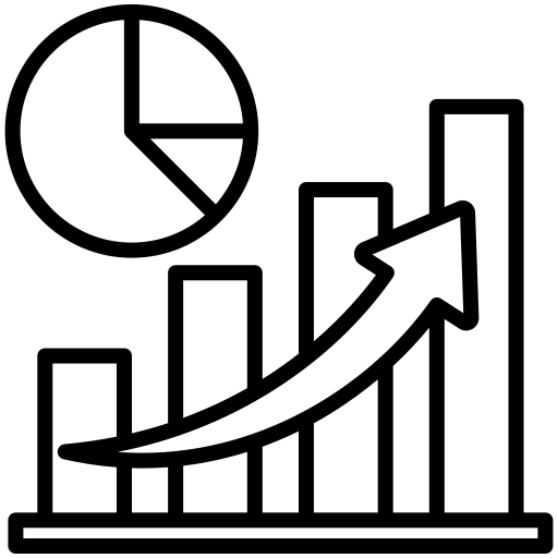 Growth chart with upward trend and pie chart showing data distribution over time
