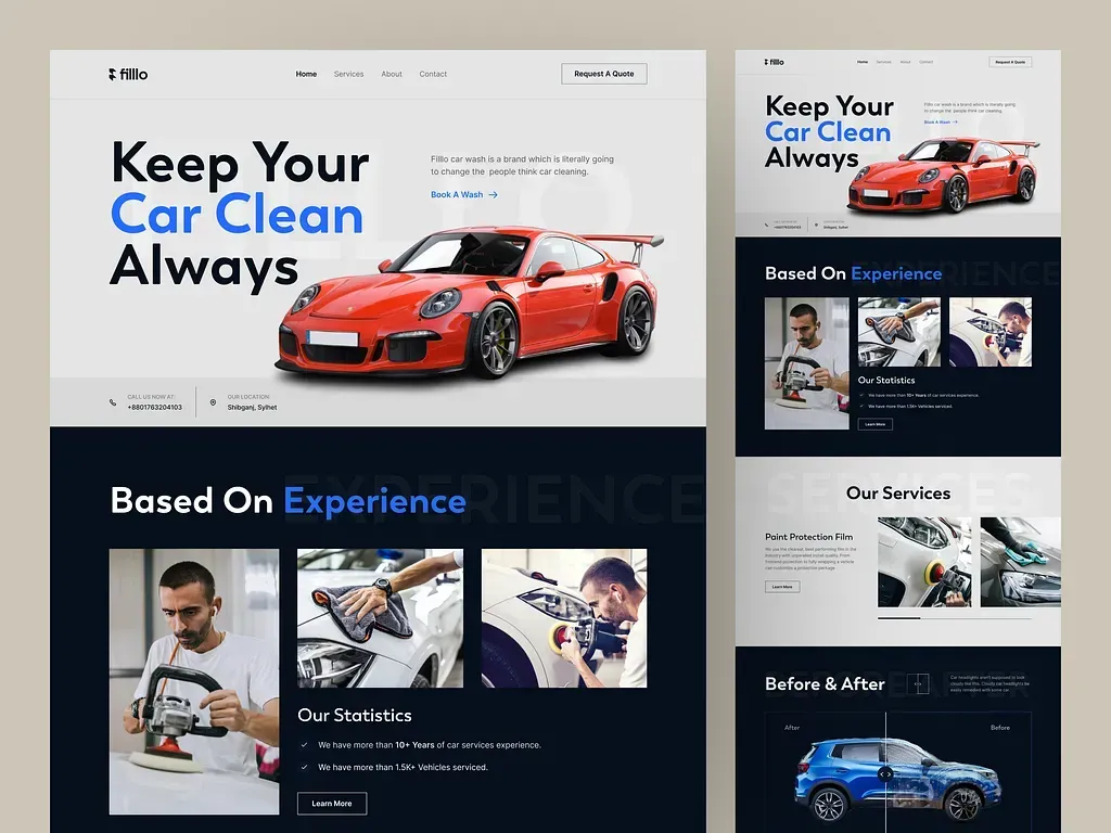 Fillo Car Wash website design showcasing car cleaning, paint protection, and mobile app services