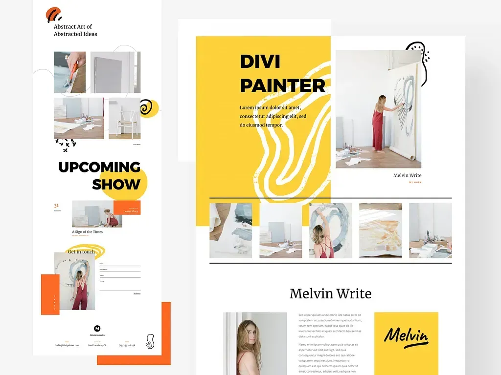 Painter's portfolio website design with vibrant layout, abstract art, and show details