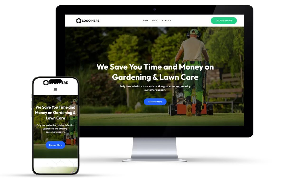 Gardening and lawn care service website highlighting savings, insurance, and customer support