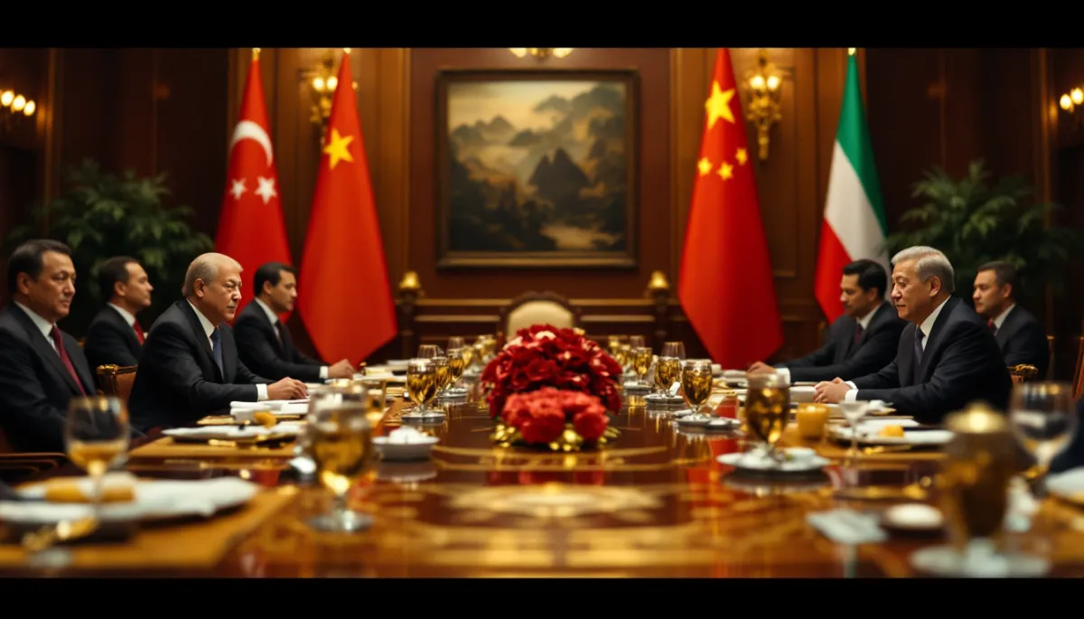Two world leaders at ornate state dining table in Beijing surrounded by diplomatic staff and national flags