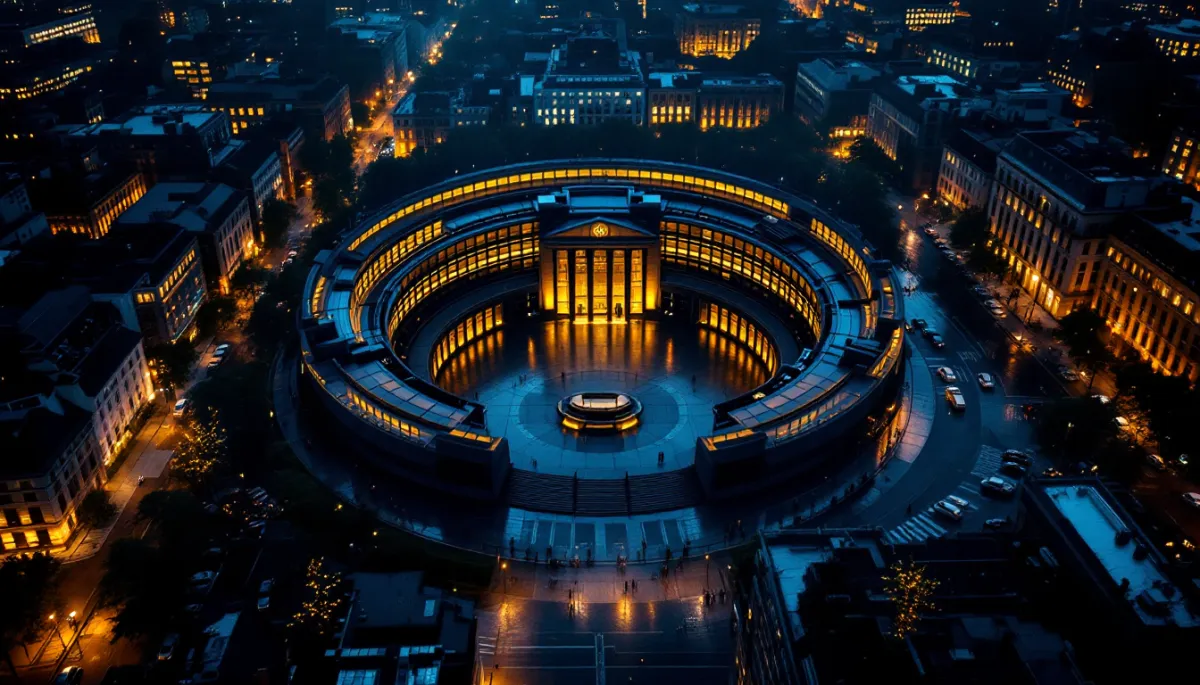 European parliament building illuminated at night with urgency conveying an emergency policy session