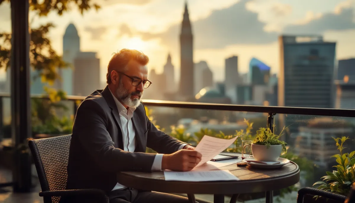French professional reviewing pension documents at cafe terrace in Kuala Lumpur