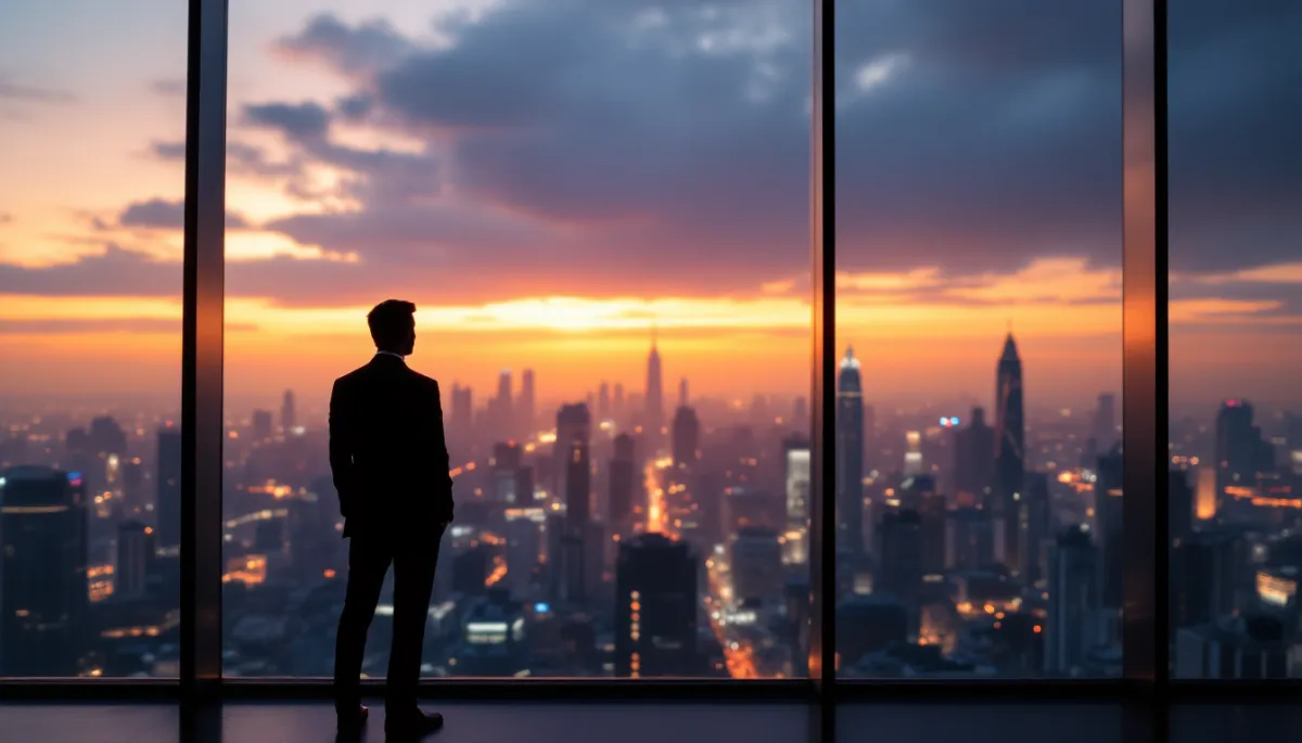 Professional expat in modern office tower overlooking Southeast Asian city at dusk