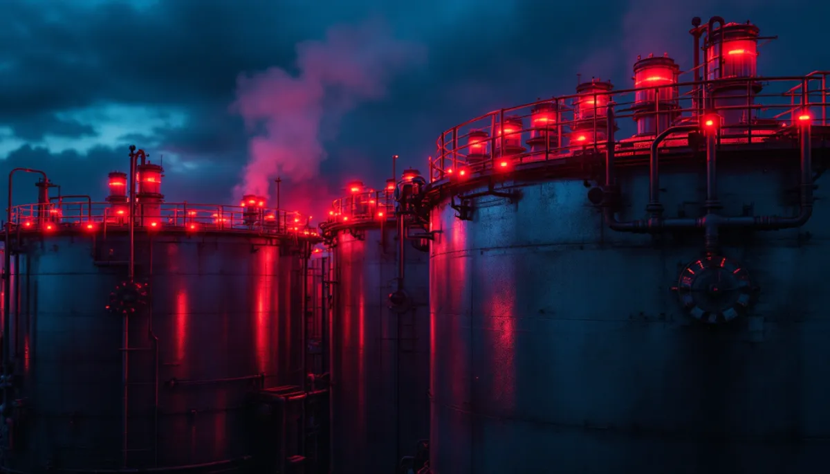 Dark industrial oil storage tanks at sunset with warning clock and tankers waiting offshore
