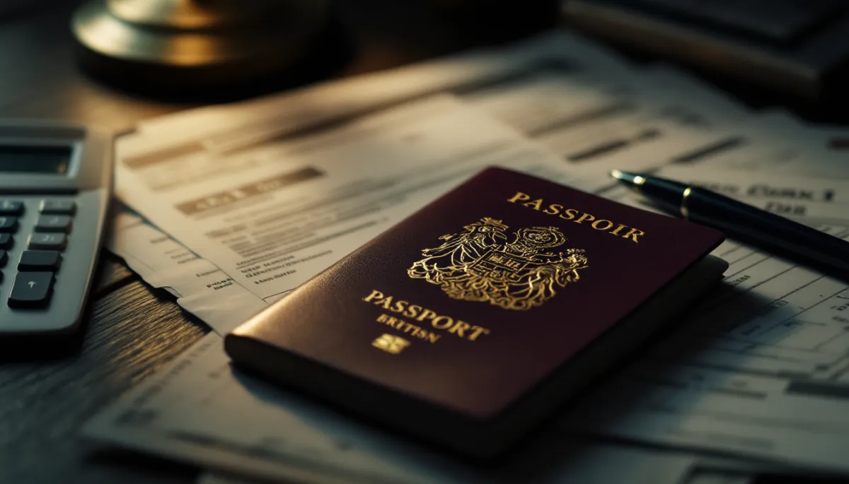 British passport resting on financial documents and tax forms with desk lamp lighting
