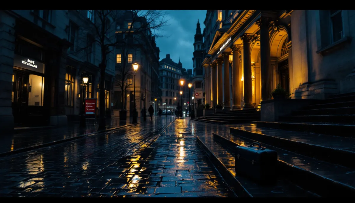 Rain-slicked City of London street at dusk with the Bank of England facade conveying economic pressure