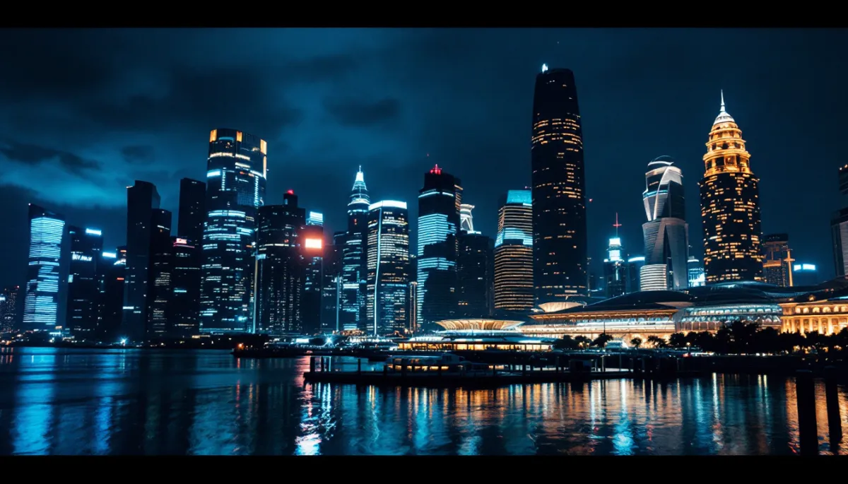 Singapore skyline at night with dimmed lights and electricity meter in foreground