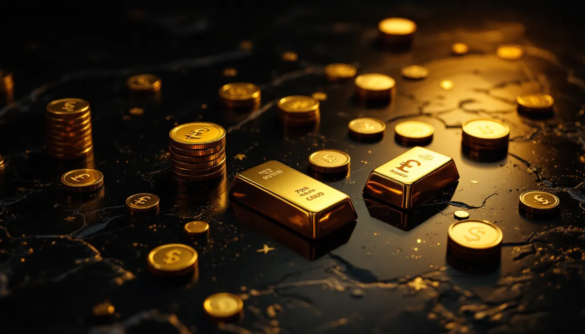 Gold bars stacked against a dark background with GBP and EUR symbols and upward-trending price chart