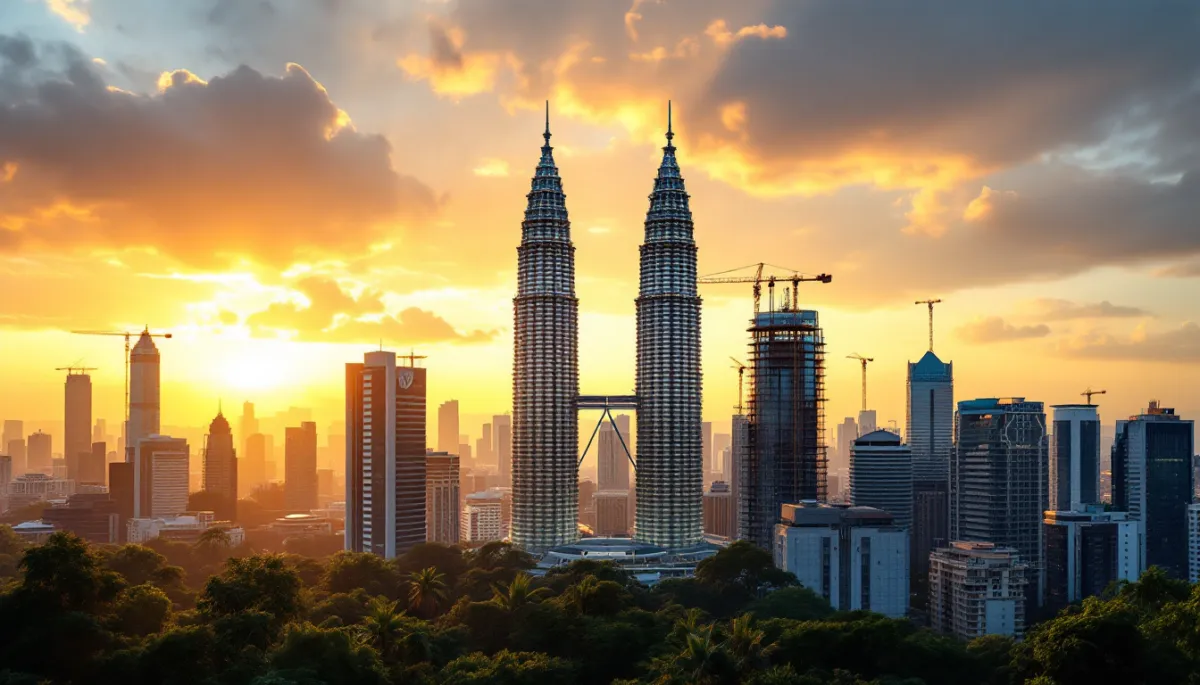 Kuala Lumpur skyline at golden hour with Petronas Towers and construction cranes