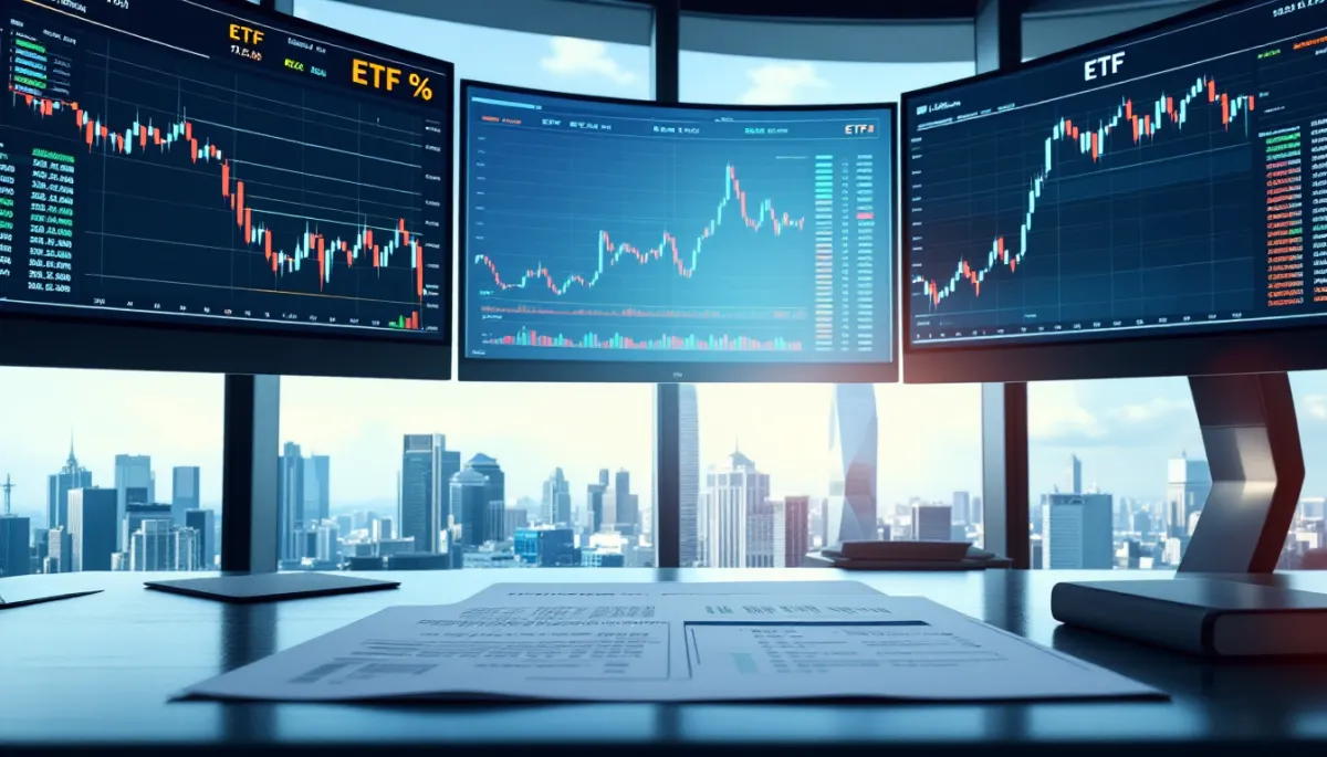 Global stock market ETF data screens alongside fund documents on an investment desk overlooking a Southeast Asian cityscape