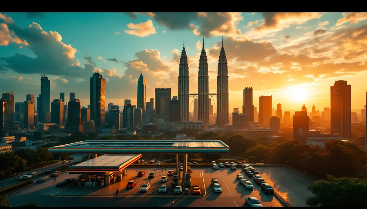 Kuala Lumpur skyline at dusk with oil refinery glow on the horizon