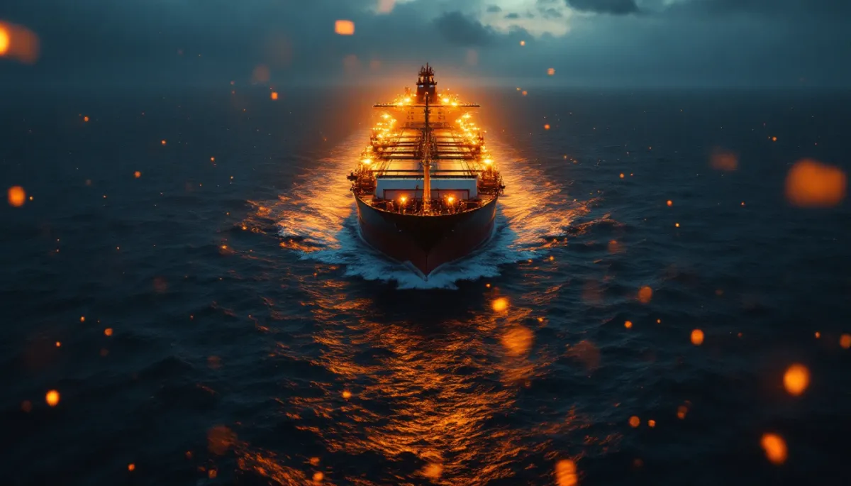 Brent crude oil tanker in choppy waters with financial charts and market data overlay