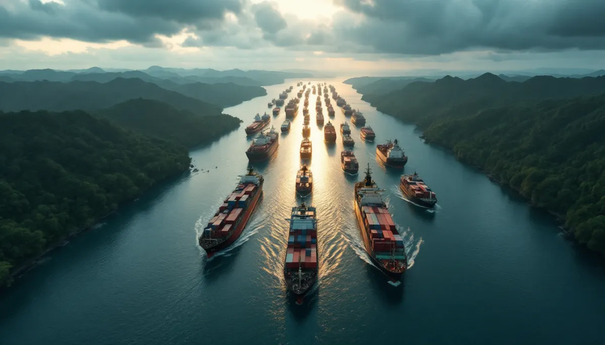 Aerial view of container ships queuing through a narrow tropical strait at dusk representing Malacca chokepoint risk