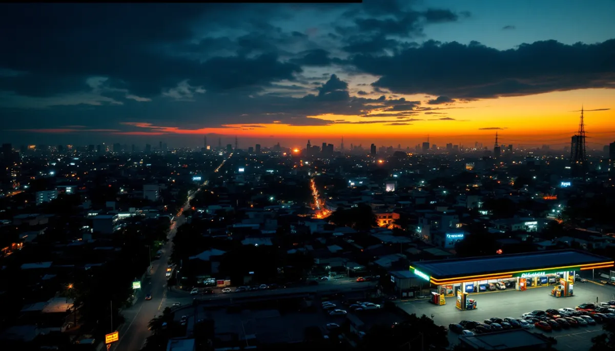 Southeast Asian city at twilight with scattered blackout zones and fuel queues