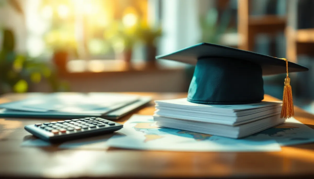 Graduation cap on financial documents with passport and world map representing university planning