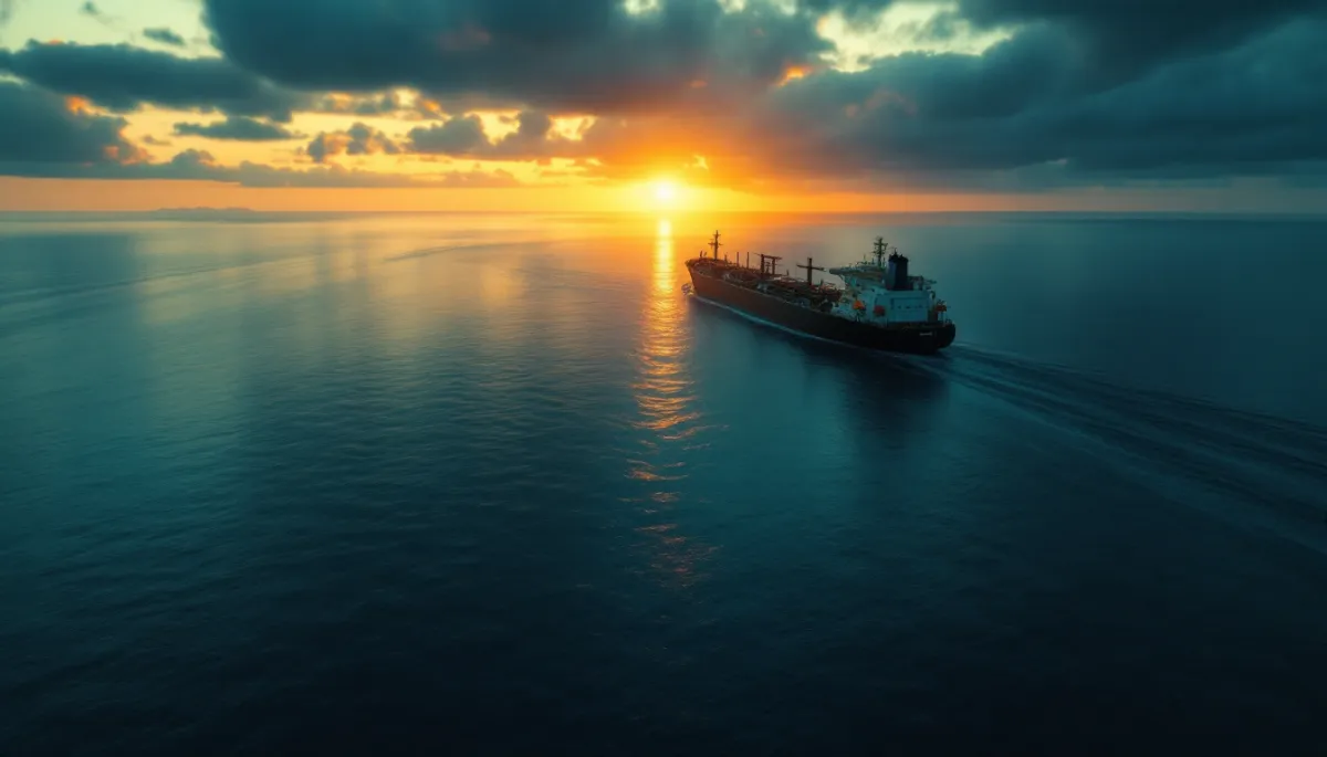 Oil tanker navigating calm strait waters at dawn with light breaking on horizon