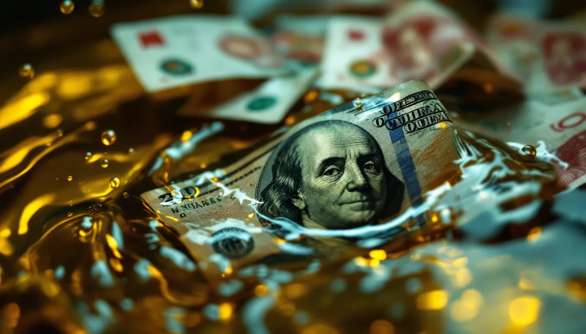 US dollar bill submerged in oil with Chinese yuan banknotes in the background