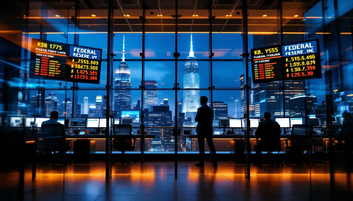 Financial trading screens showing USD and EM currency rates with Federal Reserve news ticker in background