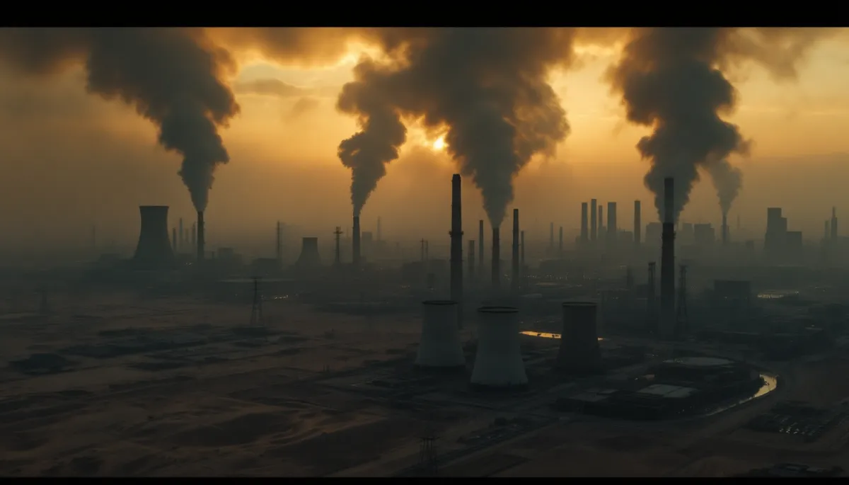 Smoke rising over Kuwait skyline with industrial infrastructure and desert horizon